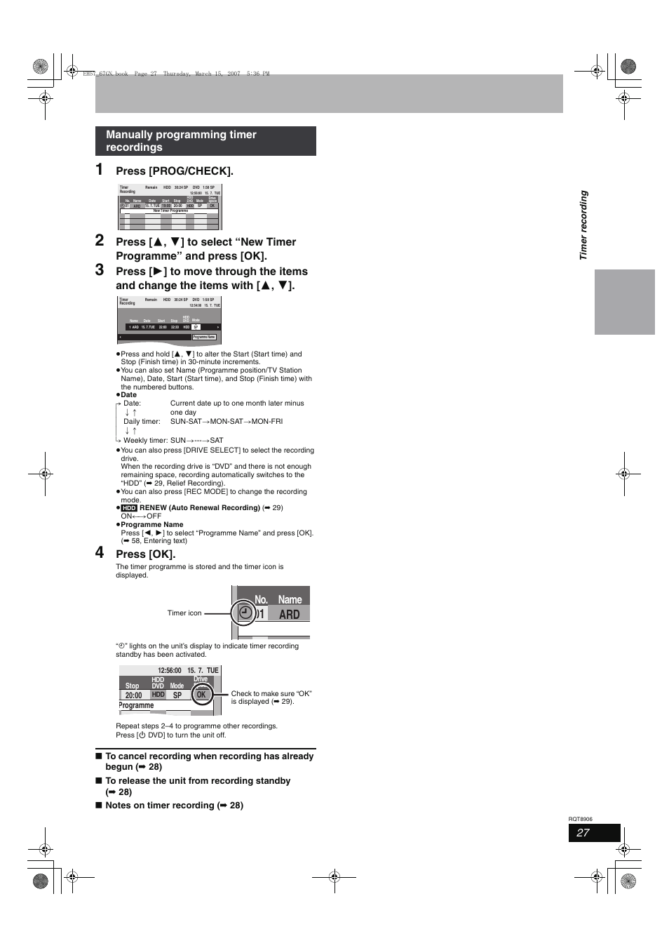 Ard 01, No. name, Press [prog/check | Press [ok, Manually programming timer recordings | Panasonic DMR-EH67  EN User Manual | Page 27 / 80