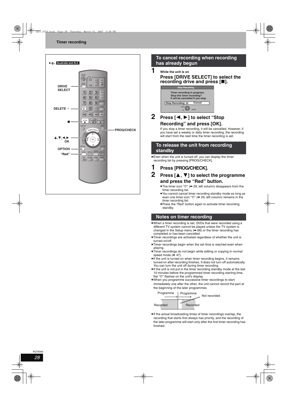 Press [prog/check, Timer recording | Panasonic DMR-EH67  EN User Manual | Page 28 / 80