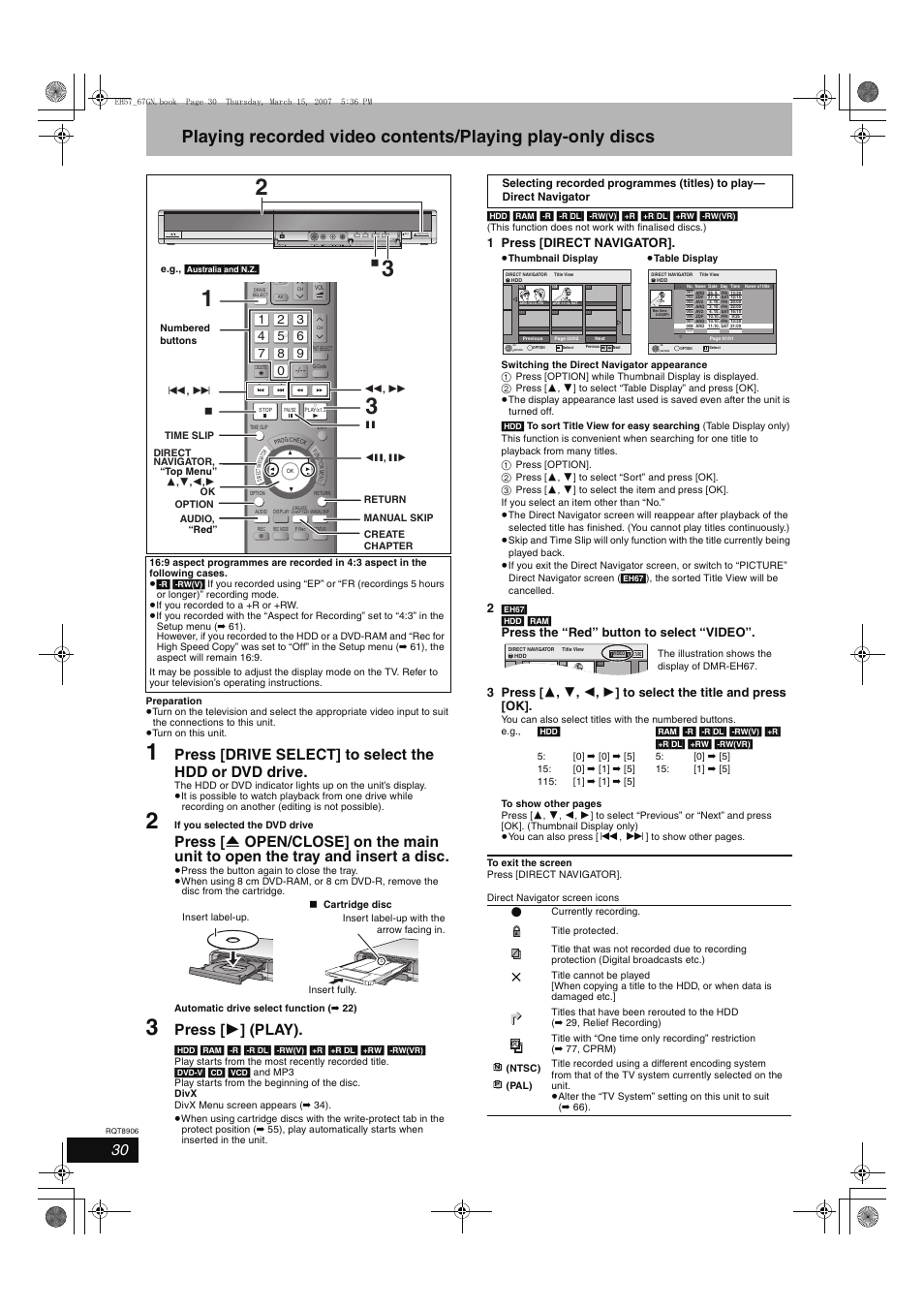 Press [ 1 ] (play), 1 press [direct navigator | Panasonic DMR-EH67  EN User Manual | Page 30 / 80