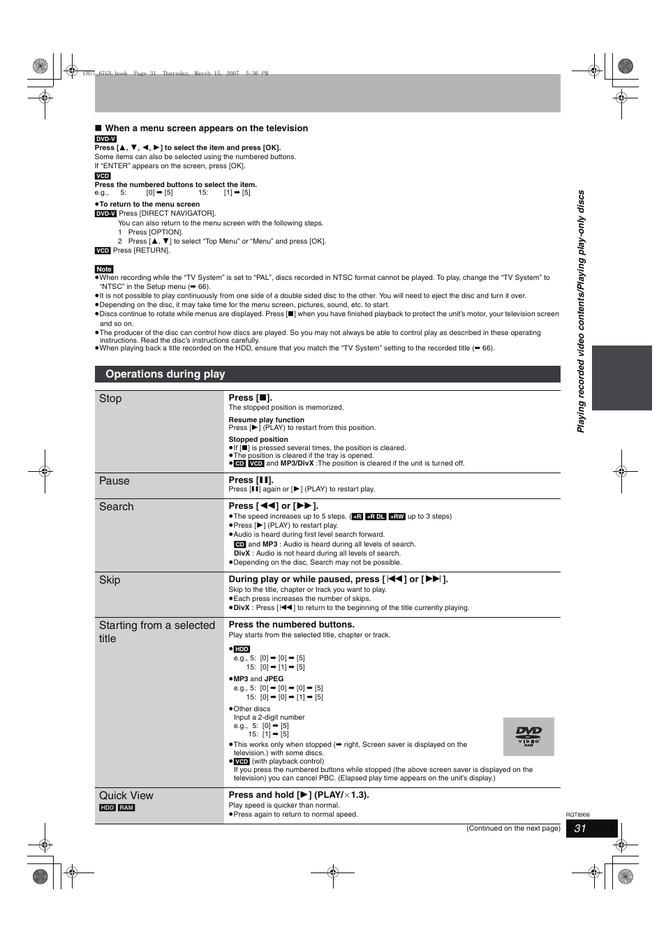 Operations during play stop, Pause, Search | Skip, Starting from a selected title, Quick view | Panasonic DMR-EH67  EN User Manual | Page 31 / 80