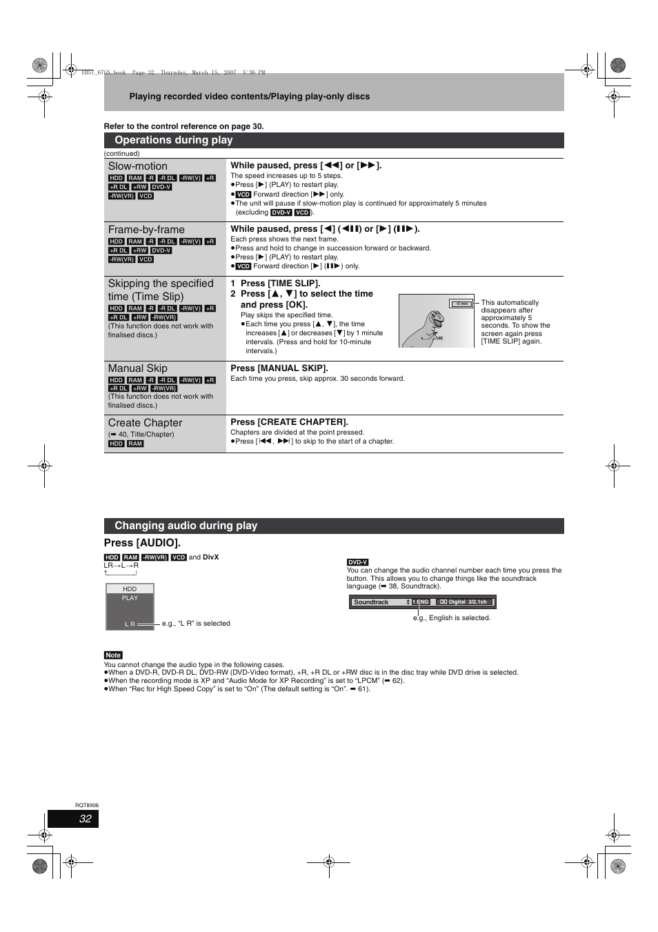 Press [audio, Operations during play slow-motion, Frame-by-frame | Skipping the specified time (time slip), Manual skip, Create chapter, Changing audio during play | Panasonic DMR-EH67  EN User Manual | Page 32 / 80