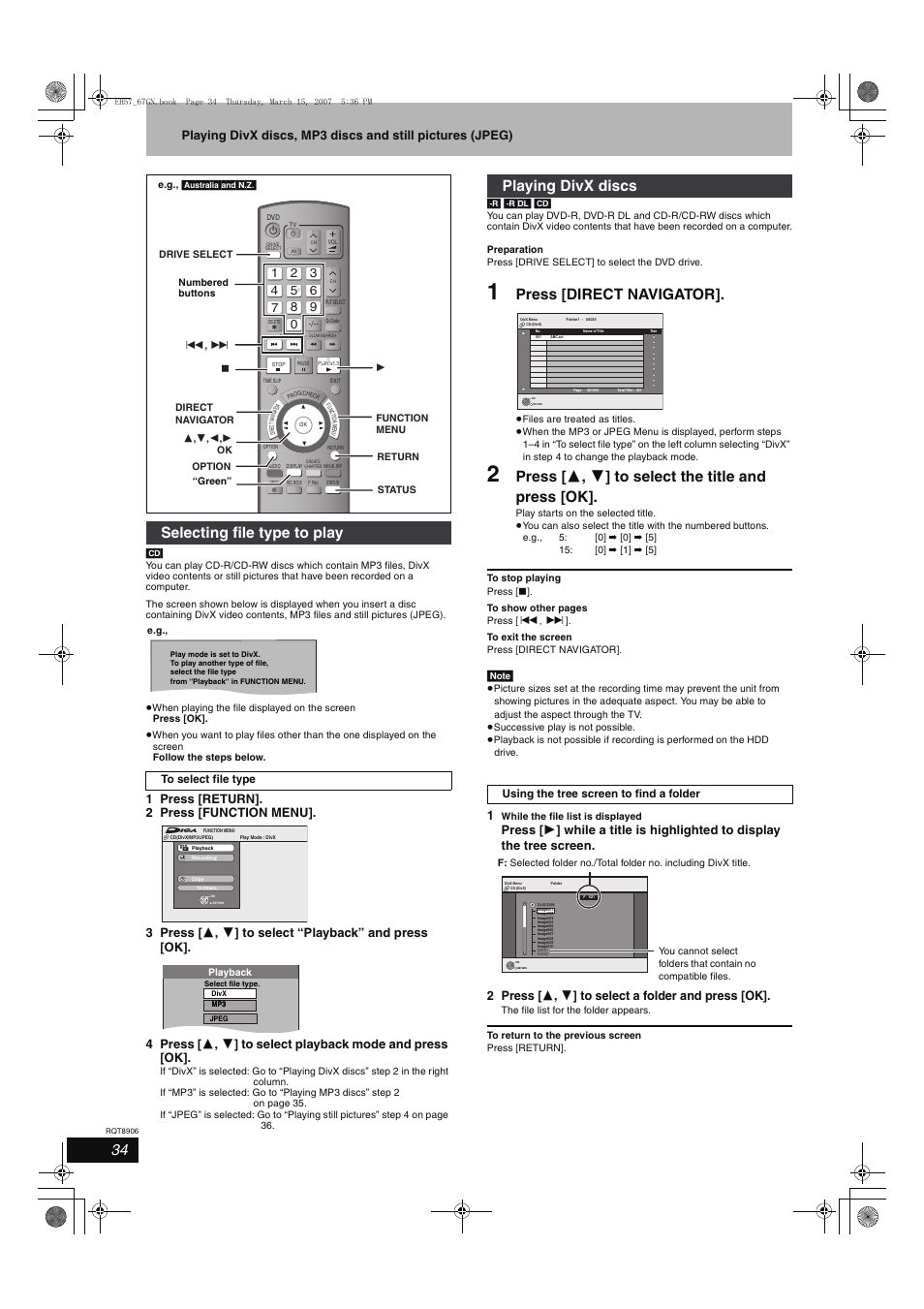 Press [direct navigator, Press [ 3 , 4 ] to select the title and press [ok, Selecting file type to play | Playing divx discs | Panasonic DMR-EH67  EN User Manual | Page 34 / 80