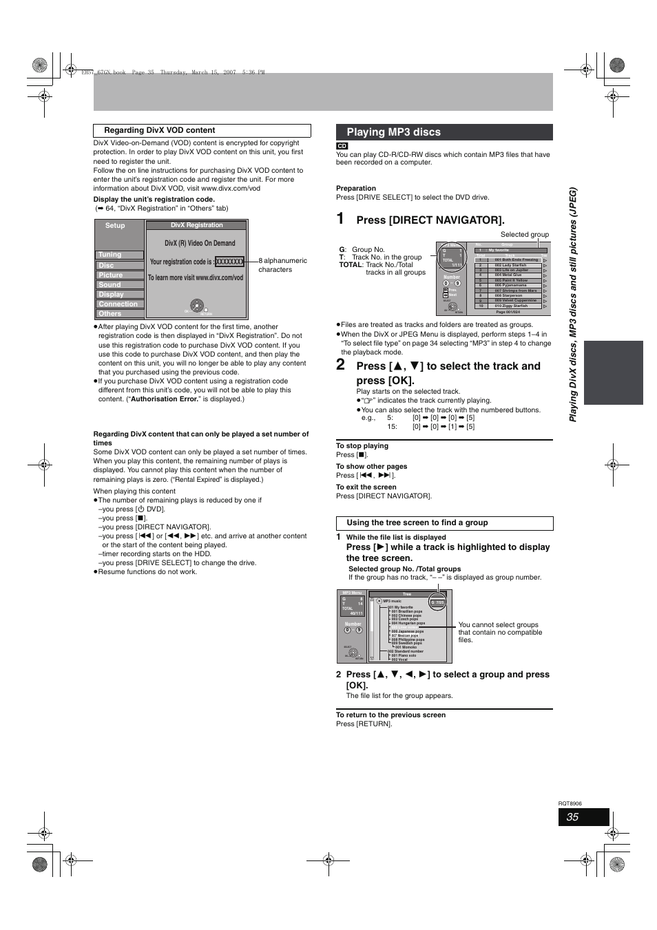 Press [direct navigator, Press [ 3 , 4 ] to select the track and press [ok, Playing mp3 discs | Panasonic DMR-EH67  EN User Manual | Page 35 / 80