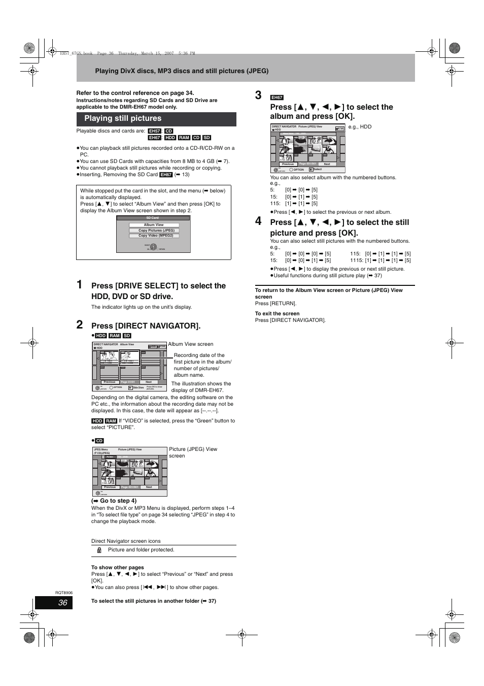 Press [direct navigator, Playing still pictures | Panasonic DMR-EH67  EN User Manual | Page 36 / 80