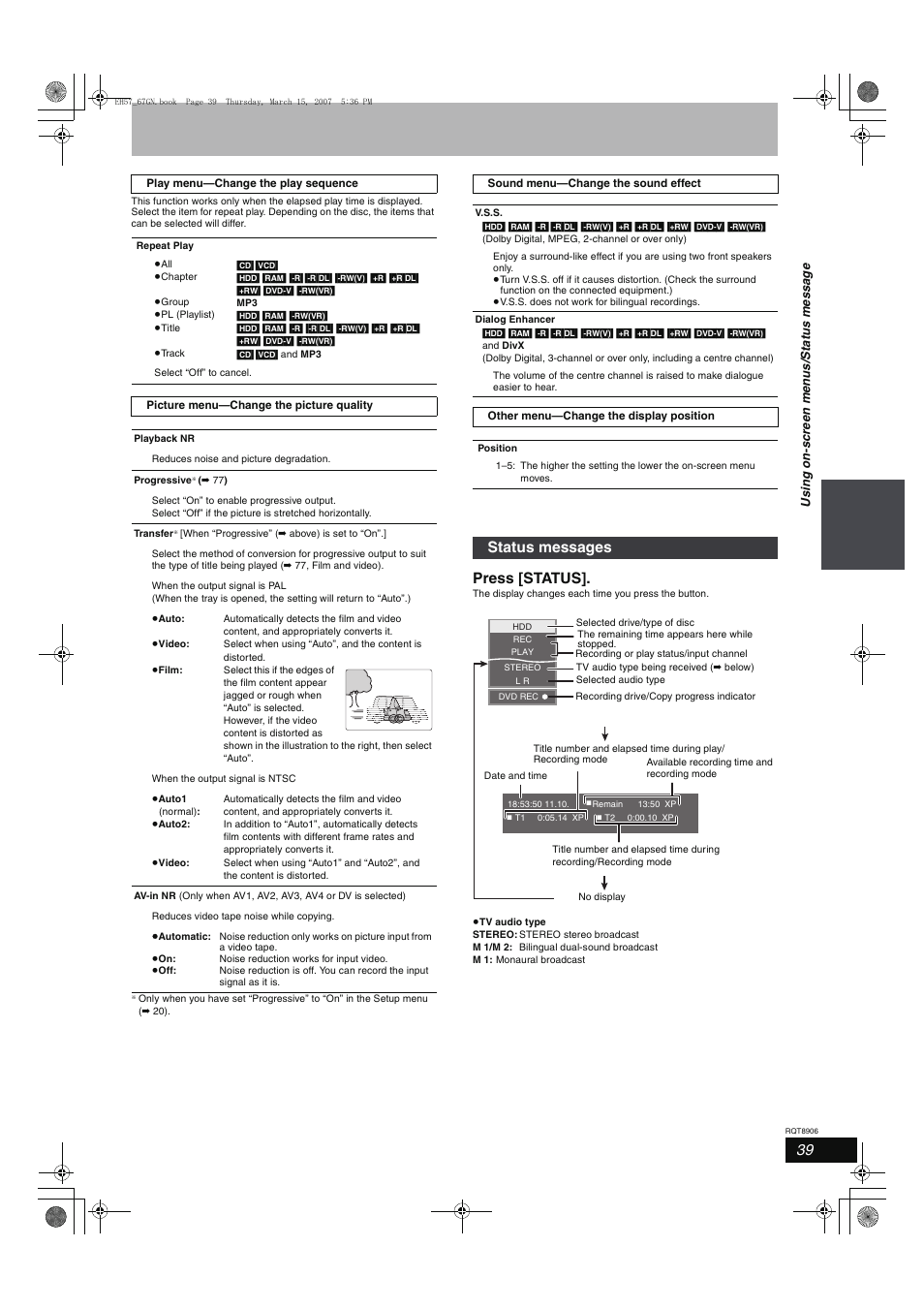 Press [status, Status messages | Panasonic DMR-EH67  EN User Manual | Page 39 / 80