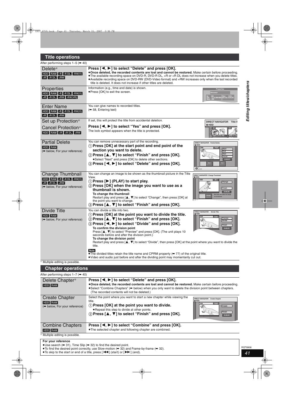 Title operations delete, Properties, Enter name | Set up protection, Cancel protection, Partial delete, Change thumbnail, Divide title, Chapter operations delete chapter, Create chapter | Panasonic DMR-EH67  EN User Manual | Page 41 / 80