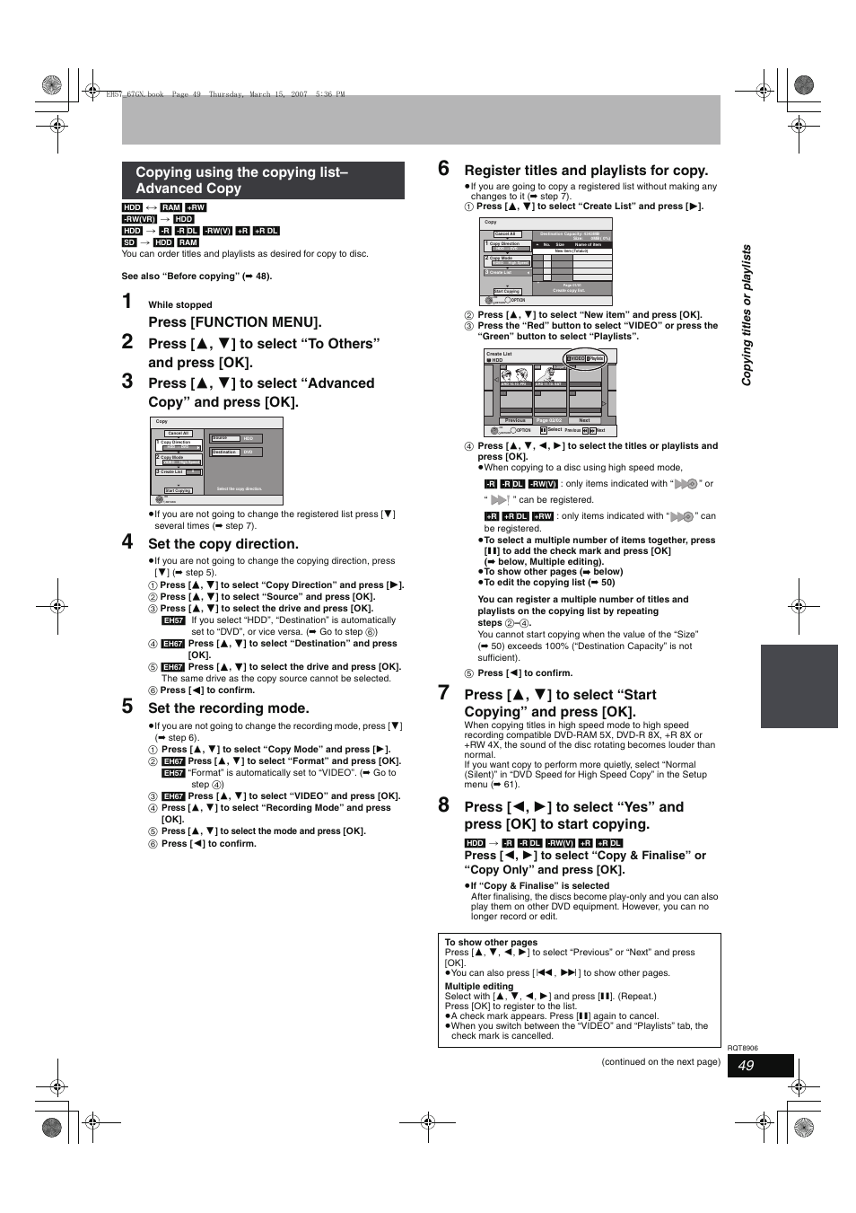 Press [function menu, Set the copy direction, Set the recording mode | Register titles and playlists for copy, Copying using the copying list– advanced copy, Cop y ing title s or pla y li s ts | Panasonic DMR-EH67  EN User Manual | Page 49 / 80