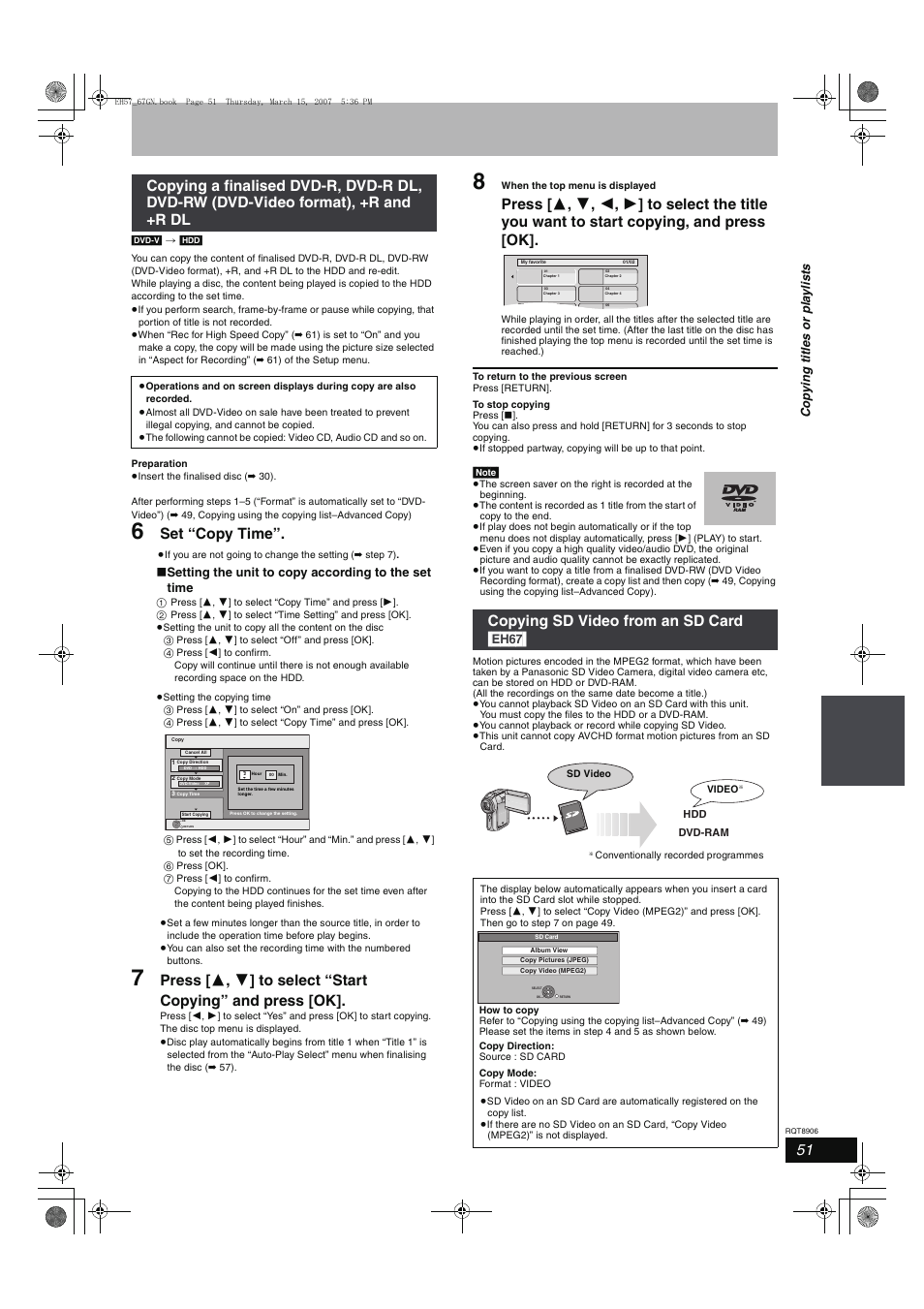 Set “copy time, Copying sd video from an sd card [eh67, Setting the unit to copy according to the set time | Cop y ing title s or pla y li s ts | Panasonic DMR-EH67  EN User Manual | Page 51 / 80