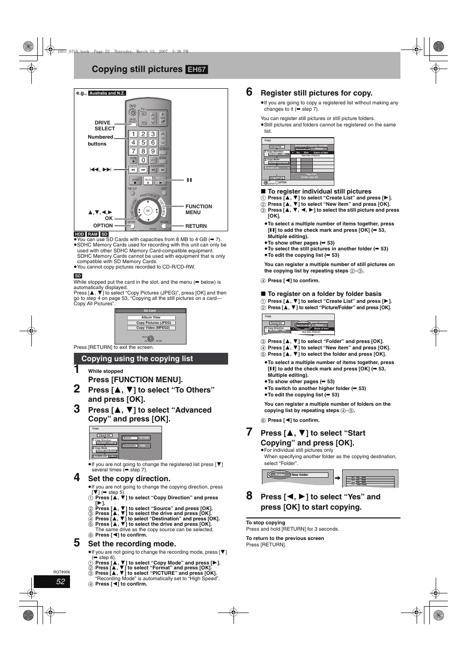 Copying still pictures [eh67, Press [function menu, Set the copy direction | Set the recording mode, Register still pictures for copy, Copying using the copying list | Panasonic DMR-EH67  EN User Manual | Page 52 / 80