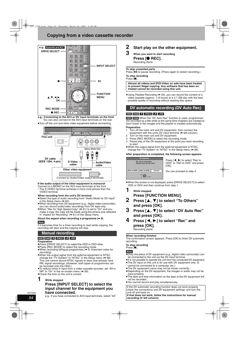 Copying from a video cassette recorder, Start play on the other equipment, Press [ ¥ rec | Press [function menu, Press [ 2 , 1 ] to select “rec” and press [ok, Manual recording, Dv automatic recording (dv auto rec) | Panasonic DMR-EH67  EN User Manual | Page 54 / 80