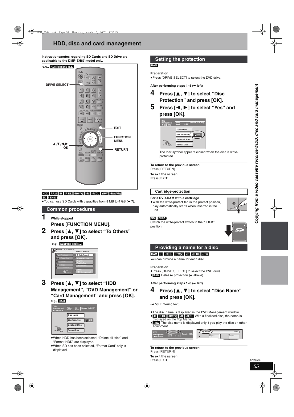 Hdd, disc and card management, Press [function menu, Press [ 2 , 1 ] to select “yes” and press [ok | Common procedures, Setting the protection, Providing a name for a disc | Panasonic DMR-EH67  EN User Manual | Page 55 / 80