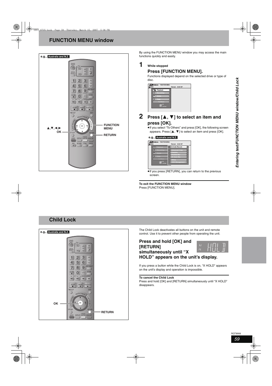 Function menu window, Child lock, Press [function menu | Press [ 3 , 4 ] to select an item and press [ok | Panasonic DMR-EH67  EN User Manual | Page 59 / 80