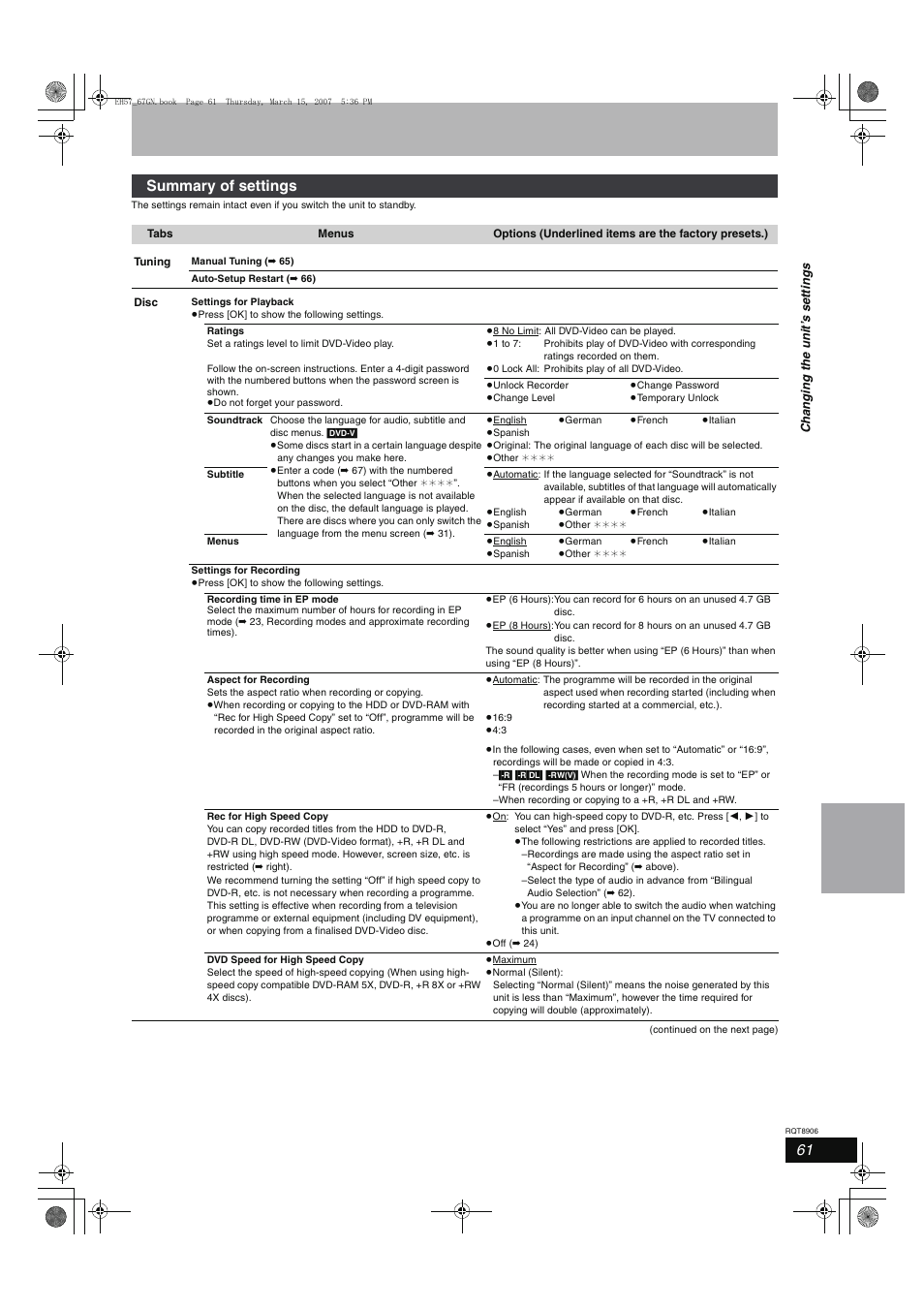 Summary of settings | Panasonic DMR-EH67  EN User Manual | Page 61 / 80