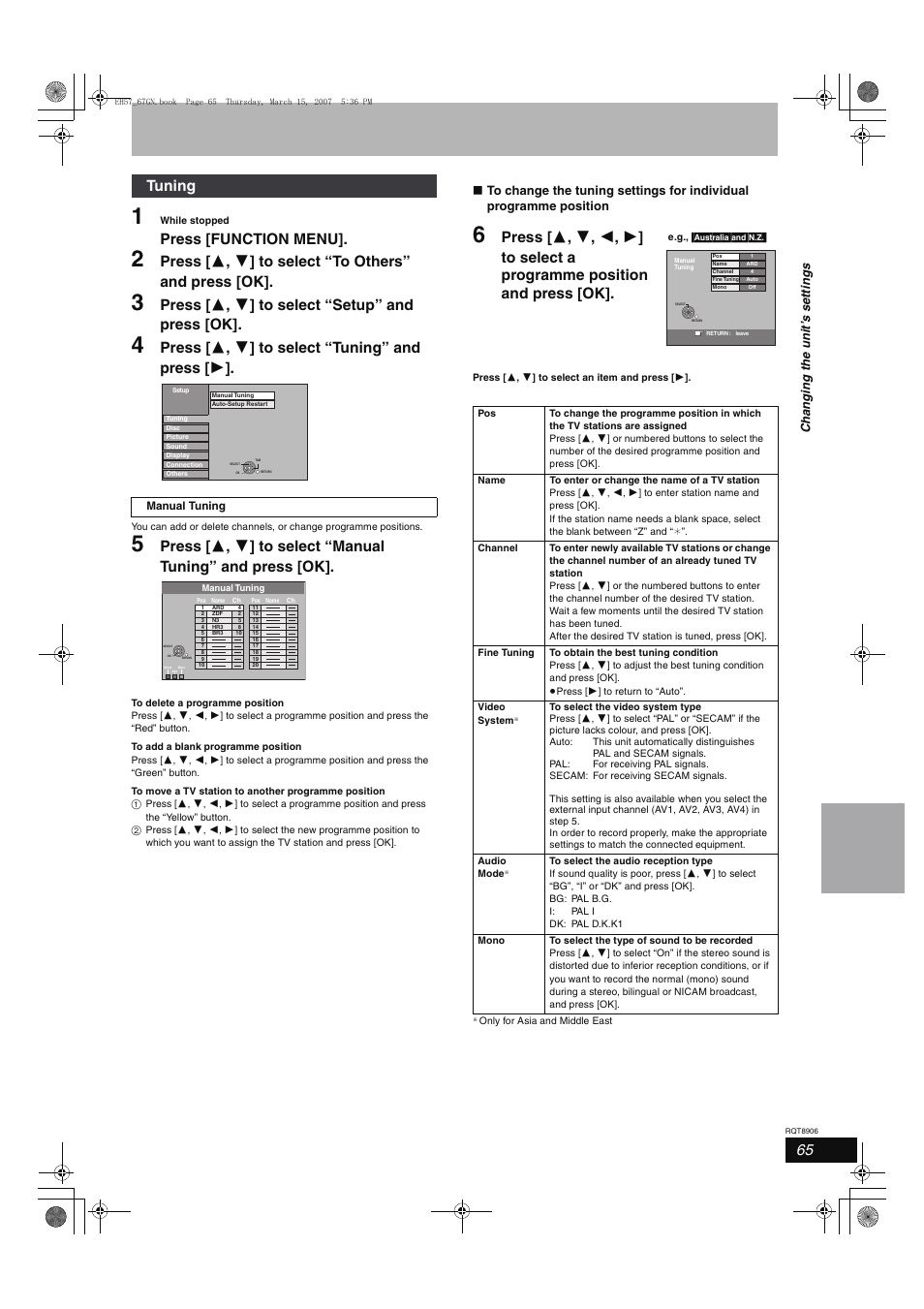 Press [function menu, Press [ 3 , 4 ] to select “setup” and press [ok, Press [ 3 , 4 ] to select “tuning” and press [ 1 | Tuning | Panasonic DMR-EH67  EN User Manual | Page 65 / 80