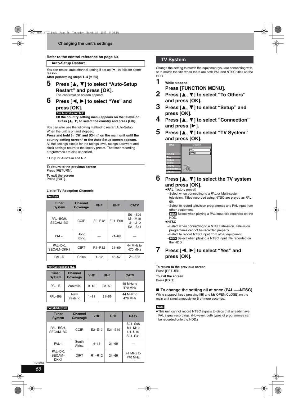 Press [ 2 , 1 ] to select “yes” and press [ok, Press [function menu, Press [ 3 , 4 ] to select “setup” and press [ok | Tv system | Panasonic DMR-EH67  EN User Manual | Page 66 / 80