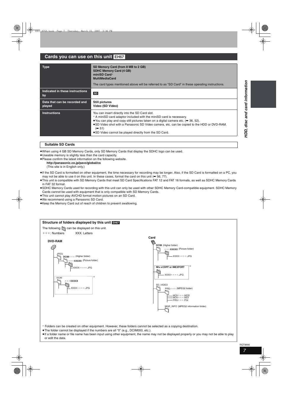 Cards you can use on this unit [eh67, Hdd , dis c and c a rd inf o rmat ion | Panasonic DMR-EH67  EN User Manual | Page 7 / 80