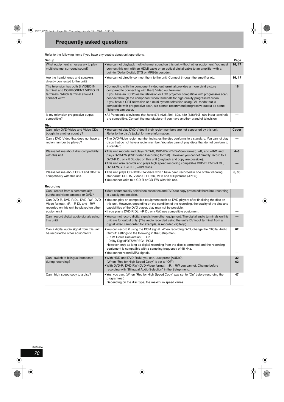 Frequently asked questions | Panasonic DMR-EH67  EN User Manual | Page 70 / 80