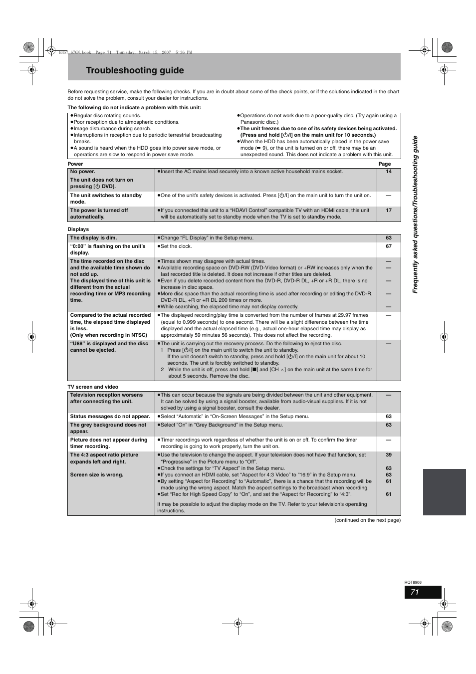 Troubleshooting guide | Panasonic DMR-EH67  EN User Manual | Page 71 / 80