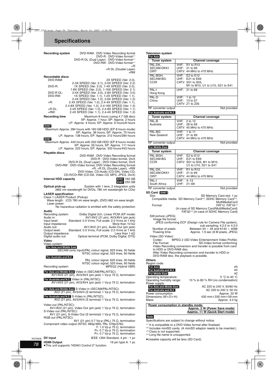 Specifications | Panasonic DMR-EH67  EN User Manual | Page 78 / 80