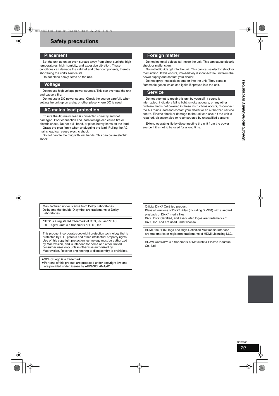 Safety precautions | Panasonic DMR-EH67  EN User Manual | Page 79 / 80