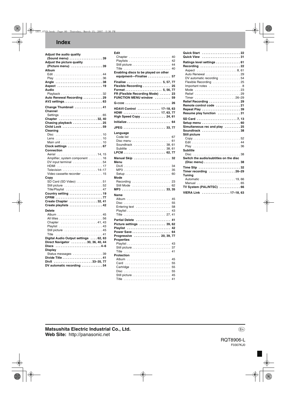 Index | Panasonic DMR-EH67  EN User Manual | Page 80 / 80