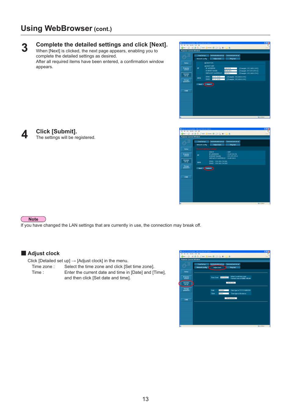Using webbrowser, Cont.), Complete the detailed settings and click [next | Click [submit | Panasonic TQBH0215-1 User Manual | Page 13 / 19