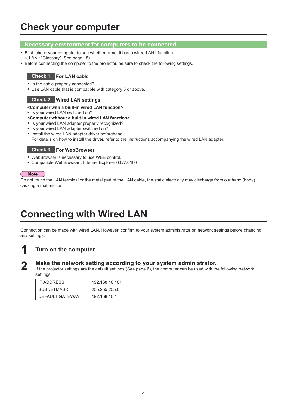 Check your computer, Connecting with wired lan | Panasonic TQBH0215-1 User Manual | Page 4 / 19