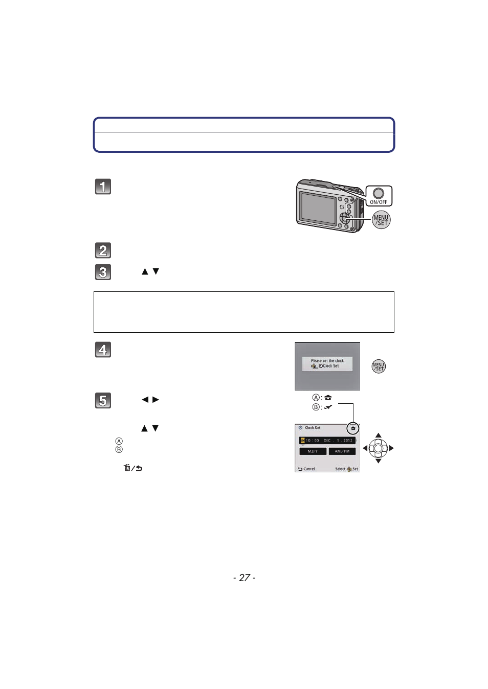 Setting date/time (clock set), P27) | Panasonic DMC-TS4 User Manual | Page 27 / 205