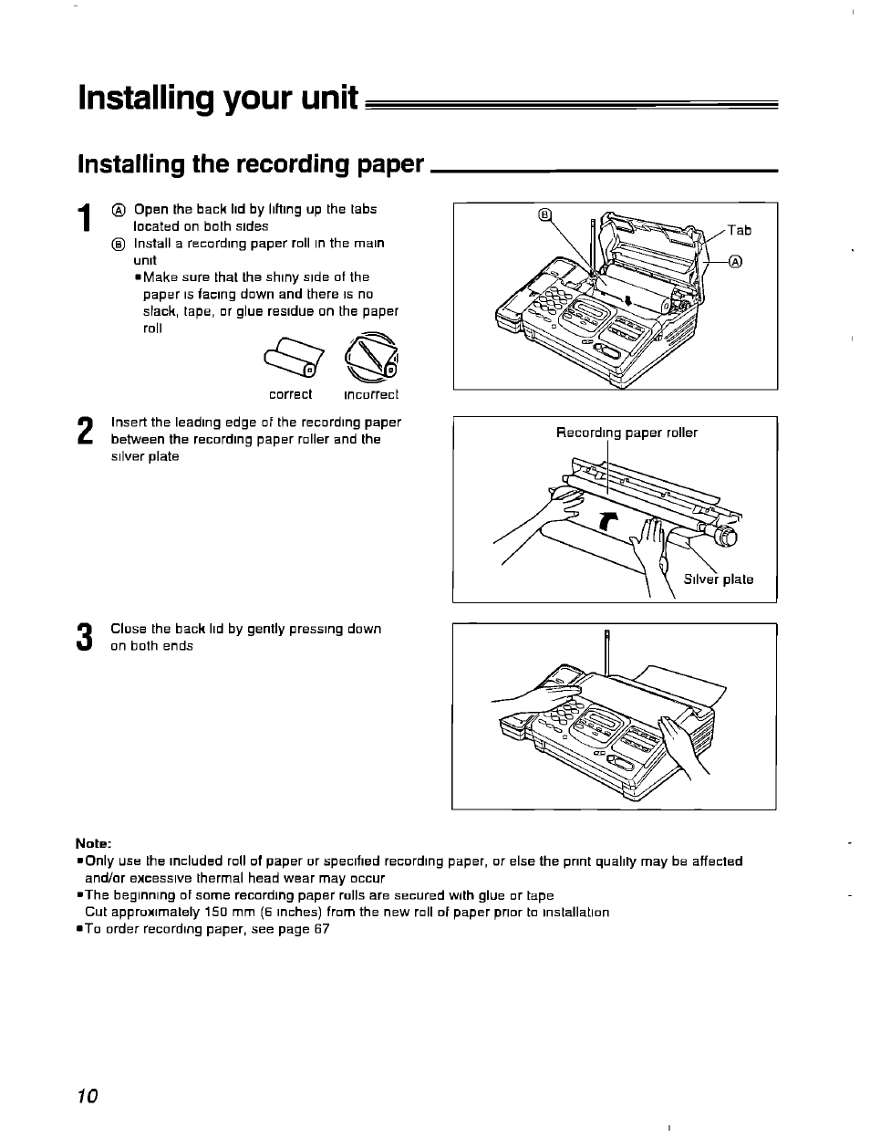 Installing your unit, Installing the recording paper | Panasonic KX-F900 User Manual | Page 10 / 72