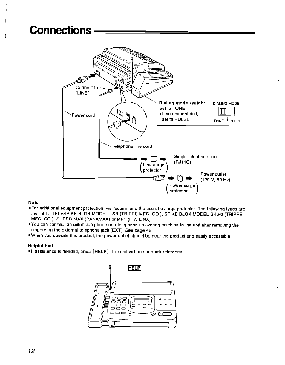 Connections, Nole, Helpful hint | Panasonic KX-F900 User Manual | Page 12 / 72