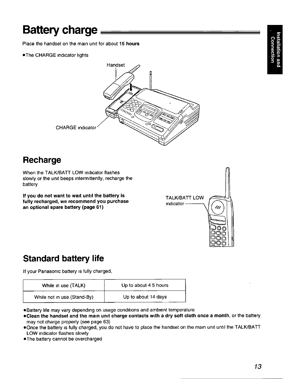 Battery charge, Recharge, Standard battery life | Panasonic KX-F900 User Manual | Page 13 / 72