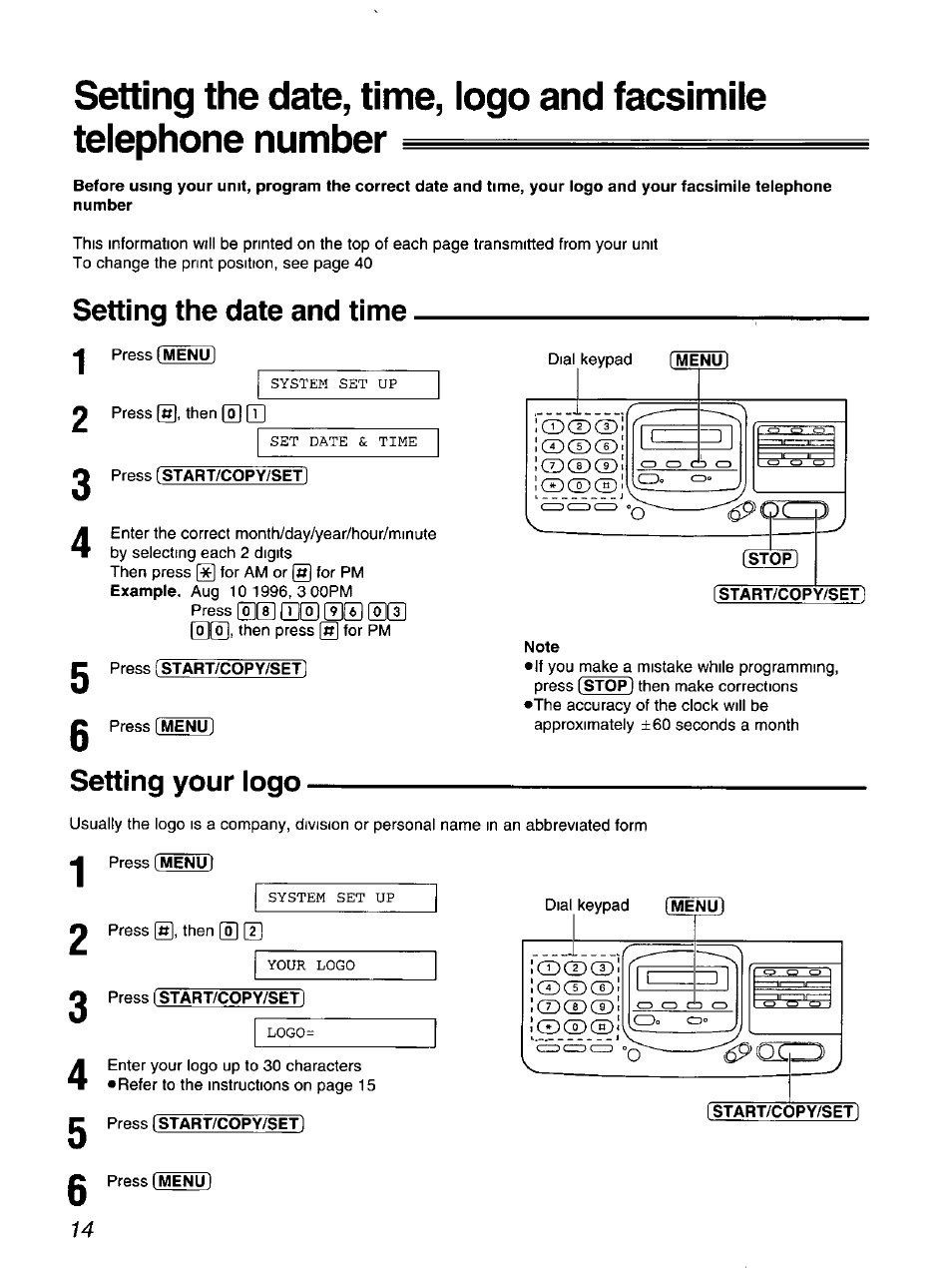 Setting the date and time 1 2, Press [start/copy/set, Setting your logo | Note, Start/copy/set, Setting the date and time | Panasonic KX-F900 User Manual | Page 14 / 72