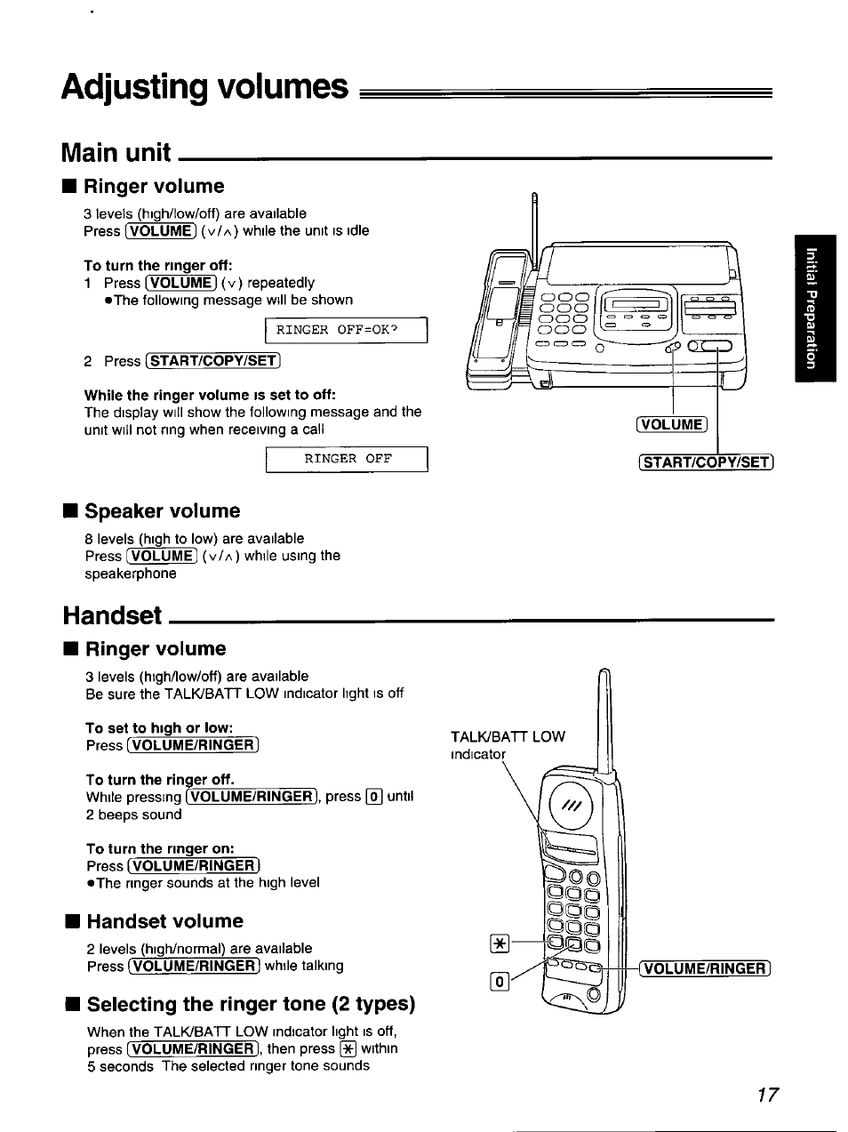 Adjusting volumes, Main unit, Ringer volume | 2 press [start/copy/sefl, Speaker volume, Handset, Handset volume, Selecting the ringer tone (2 types) | Panasonic KX-F900 User Manual | Page 17 / 72