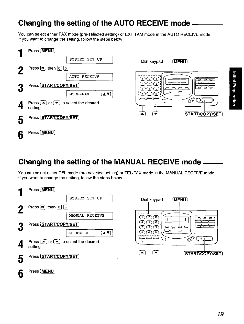 Changing the setting of the auto receive mode, Changing the setting of the manual receive mode | Panasonic KX-F900 User Manual | Page 19 / 72