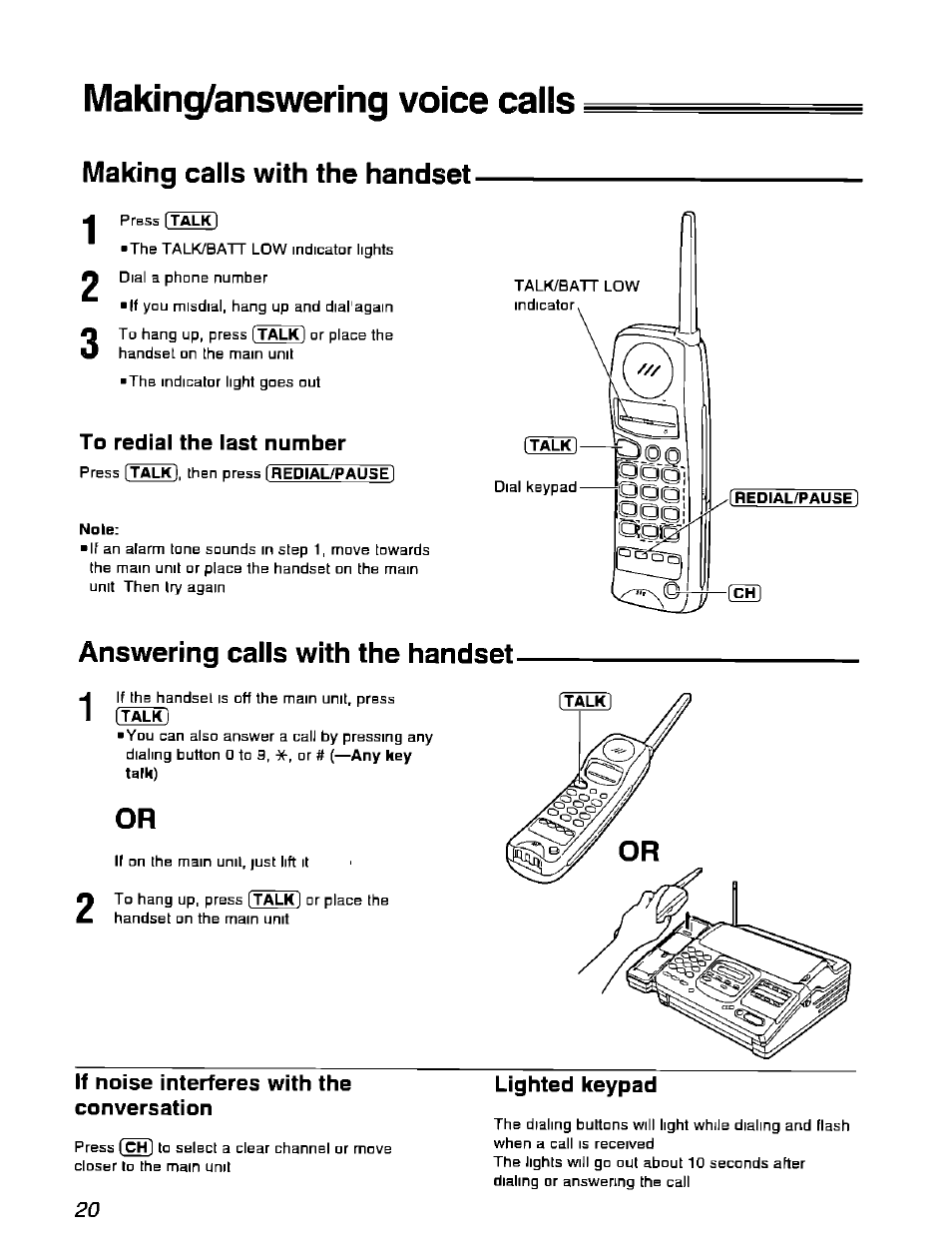 Making/answering voice calls, Making calls with the handset, Answering calls with the handset | Panasonic KX-F900 User Manual | Page 20 / 72