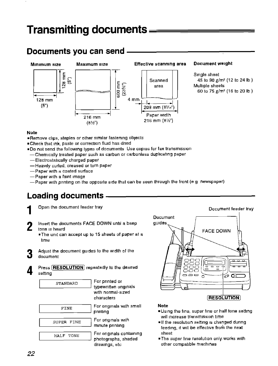 Transmitting documents, Documents you can send, Effective scanning area document weight | Note, Loading documents 1 2, Loading documents | Panasonic KX-F900 User Manual | Page 22 / 72