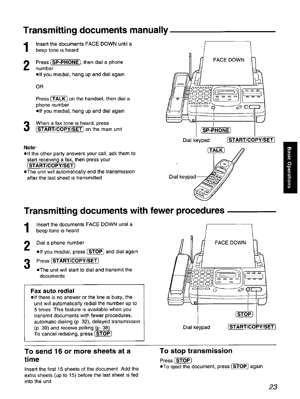 Transmitting documents manually 1 2, Note, Transmitting documents with fewer procedures | To send 16 or more sheets at a time, To stop transmission, Transmitting documents manually | Panasonic KX-F900 User Manual | Page 23 / 72