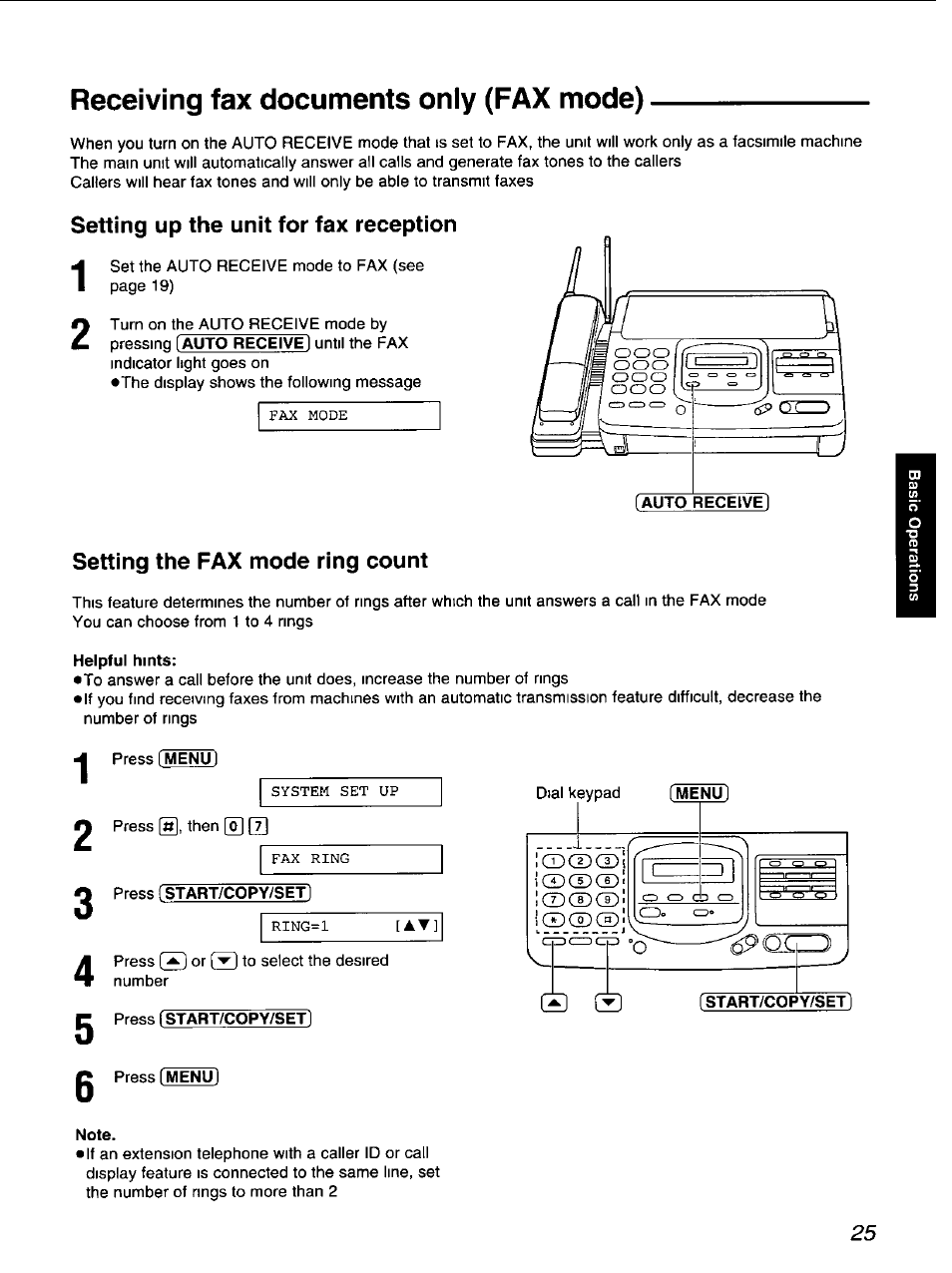 Receiving fax documents oniy (fax mode), Setting up the unit for fax reception, Setting the fax mode ring count | Helpful hints, Press [menu, Press (start/copy/set), Press (start/copy/set, Press (menu), Note | Panasonic KX-F900 User Manual | Page 25 / 72