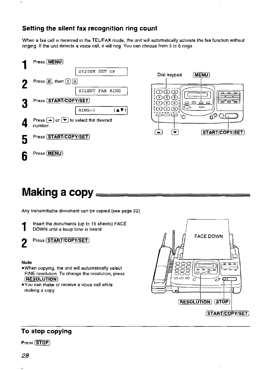 Setting the silent fax recognition ring count, Press [staht/copy/set, Making a copy | Press [start/copy/set, To stop copying, Making a copy b | Panasonic KX-F900 User Manual | Page 28 / 72