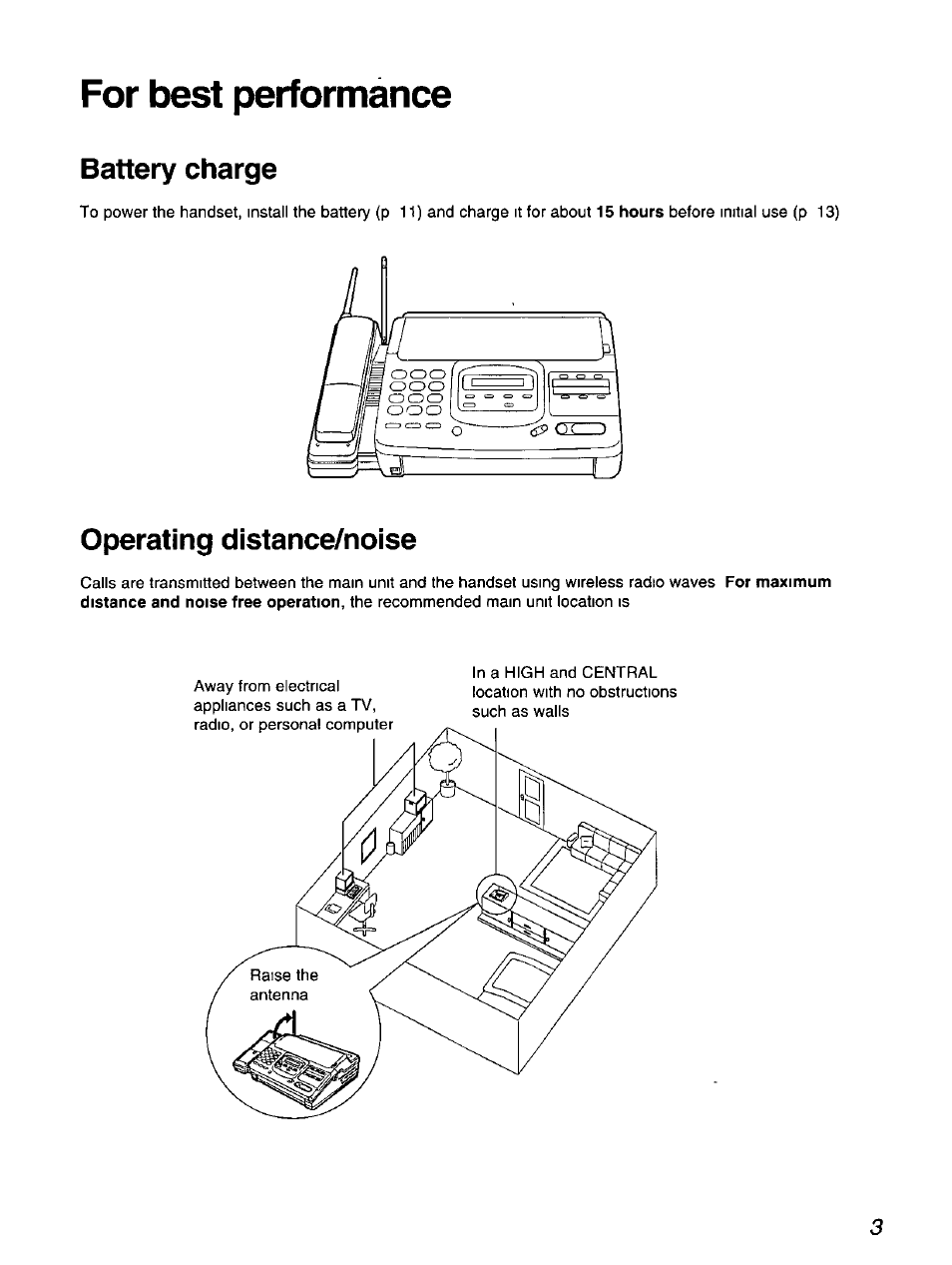 For best performance, Battery charge, Operating distance/noise | Panasonic KX-F900 User Manual | Page 3 / 72