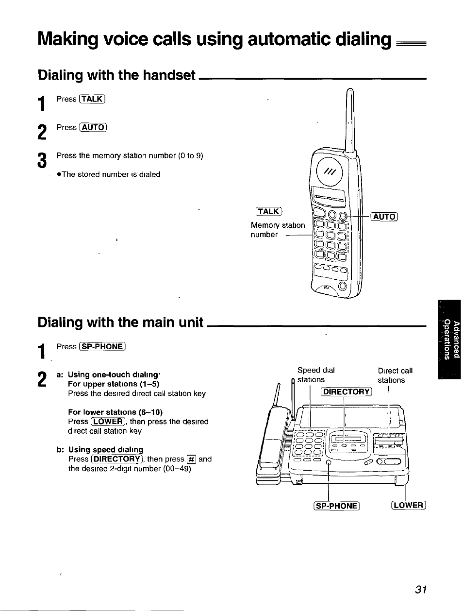 Making voice calls using automatic dialing, Dialing with the handset, Press [auto | Dialing with the main unit, A: using one-touch dialing, For upper stations (1-5), For lower stations (6-10), B: using speed dialing | Panasonic KX-F900 User Manual | Page 31 / 72