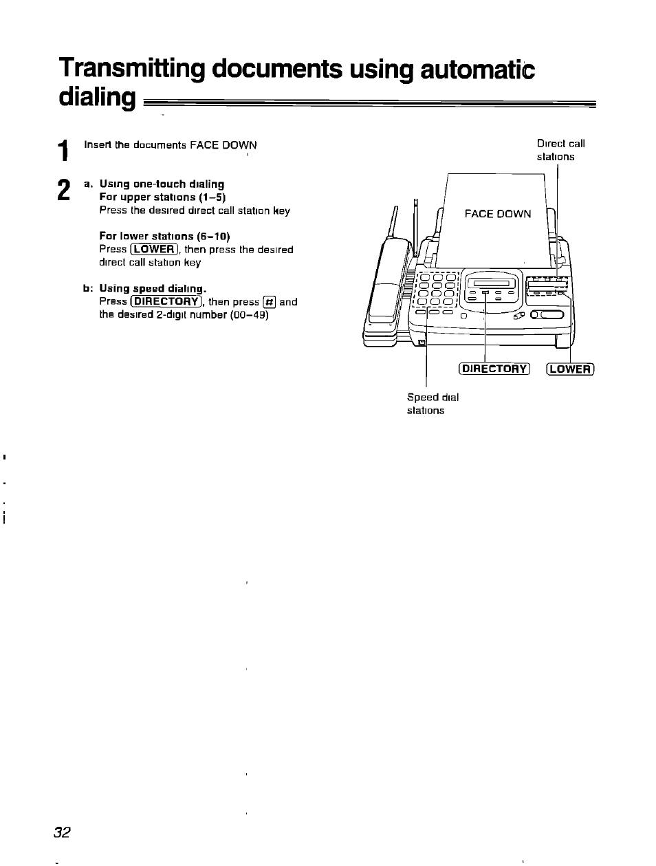 Transmitting documents using automatic dialing, For lower stations (6-10) | Panasonic KX-F900 User Manual | Page 32 / 72