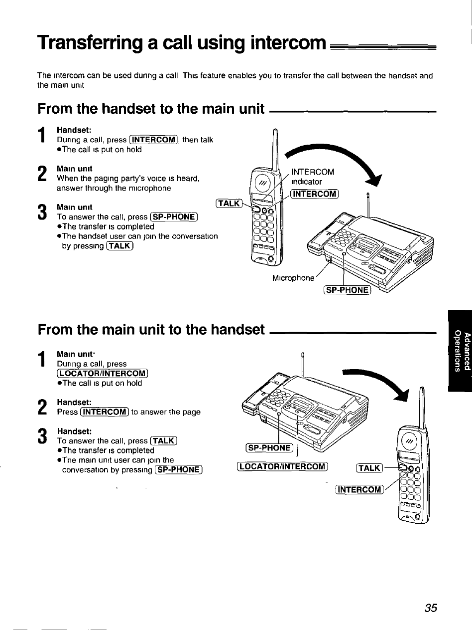 Transferring a call using intercom, From the handset to the main unit, Handset | Main unit, Mam unit, From the main unit to the handset, Intercom | Panasonic KX-F900 User Manual | Page 35 / 72