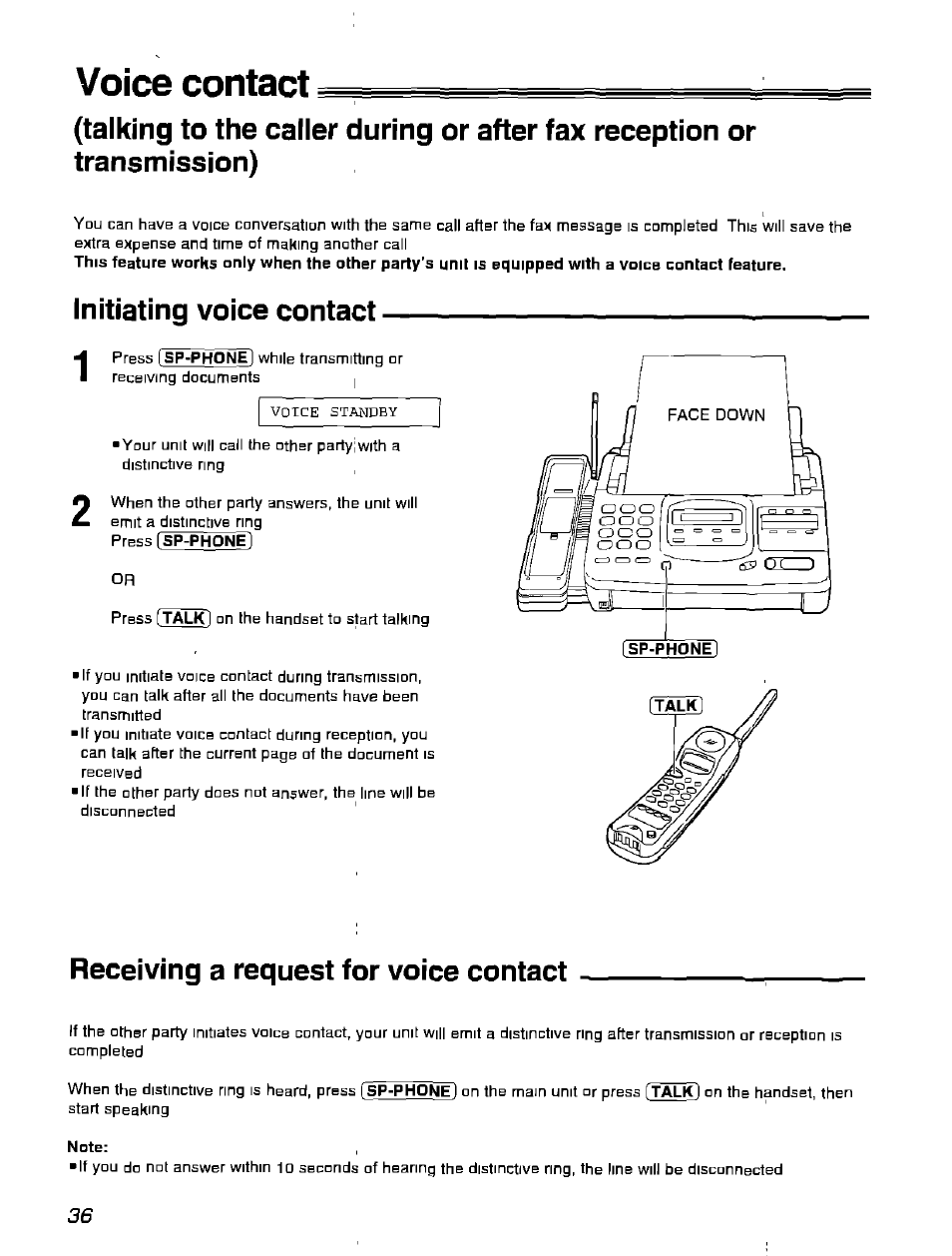 Voice contact, Receiving a request for voice contact, Note | Initiating voice contact | Panasonic KX-F900 User Manual | Page 36 / 72