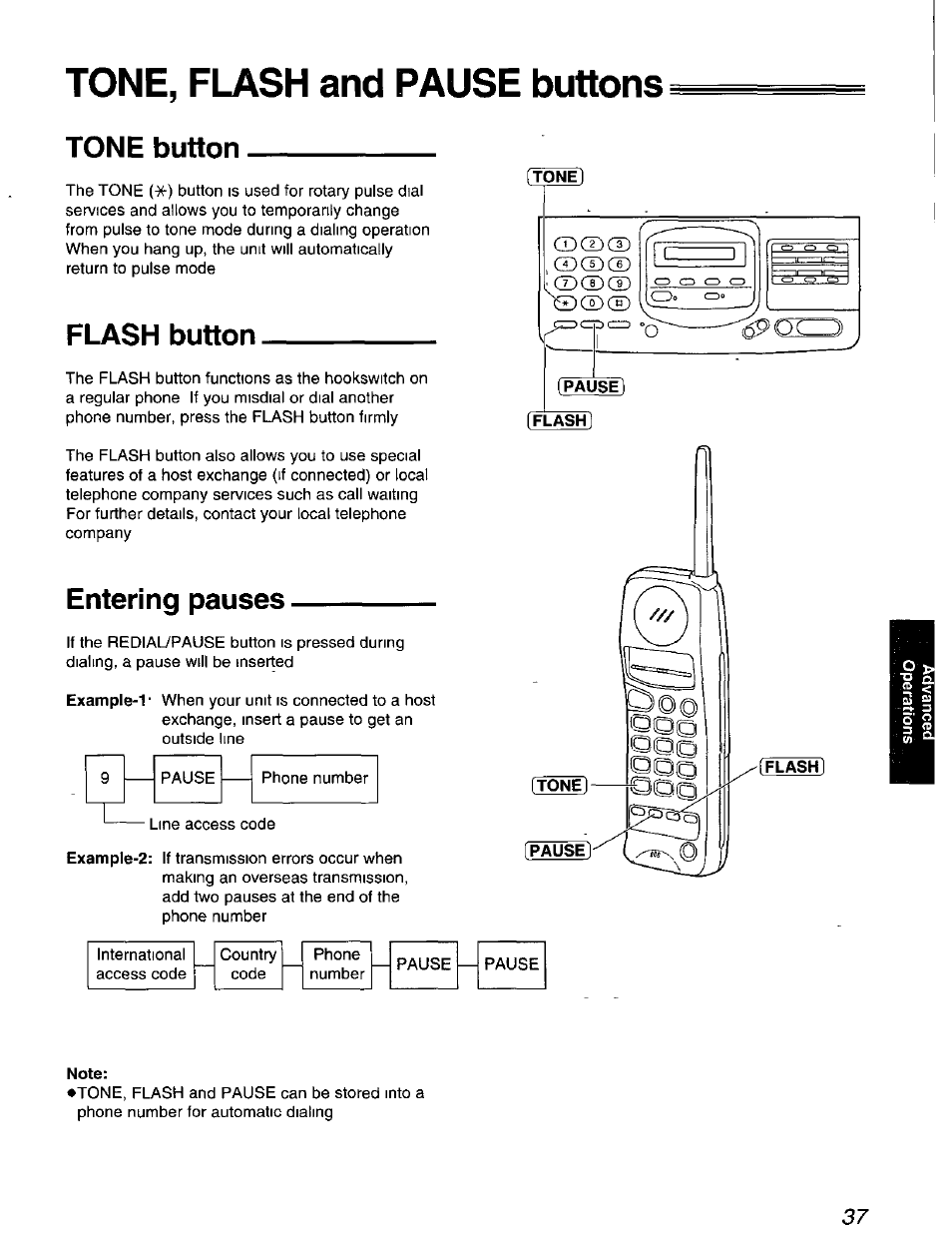 Tone, flash and pause burons, Tone button, Flash button | Entering pauses, Note | Panasonic KX-F900 User Manual | Page 37 / 72