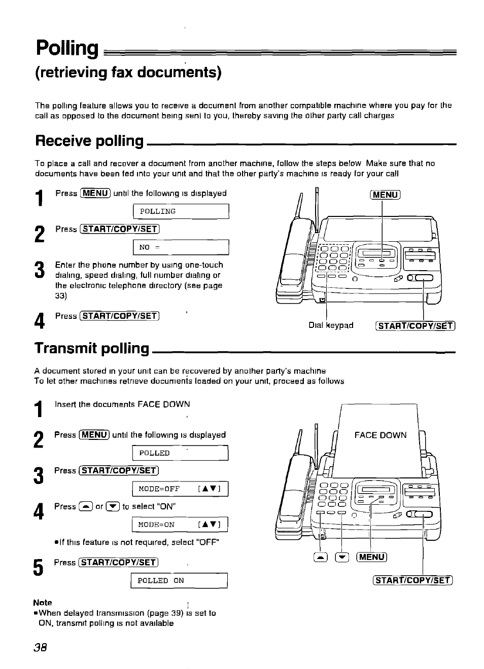 Retrieving fax documents), Receive poiiing, Press start/copy/set | Press fstart/copy/set, Transmit poiiing, Press [start/copy/set, Note i, Polling (retrieving fax documents), Polling | Panasonic KX-F900 User Manual | Page 38 / 72