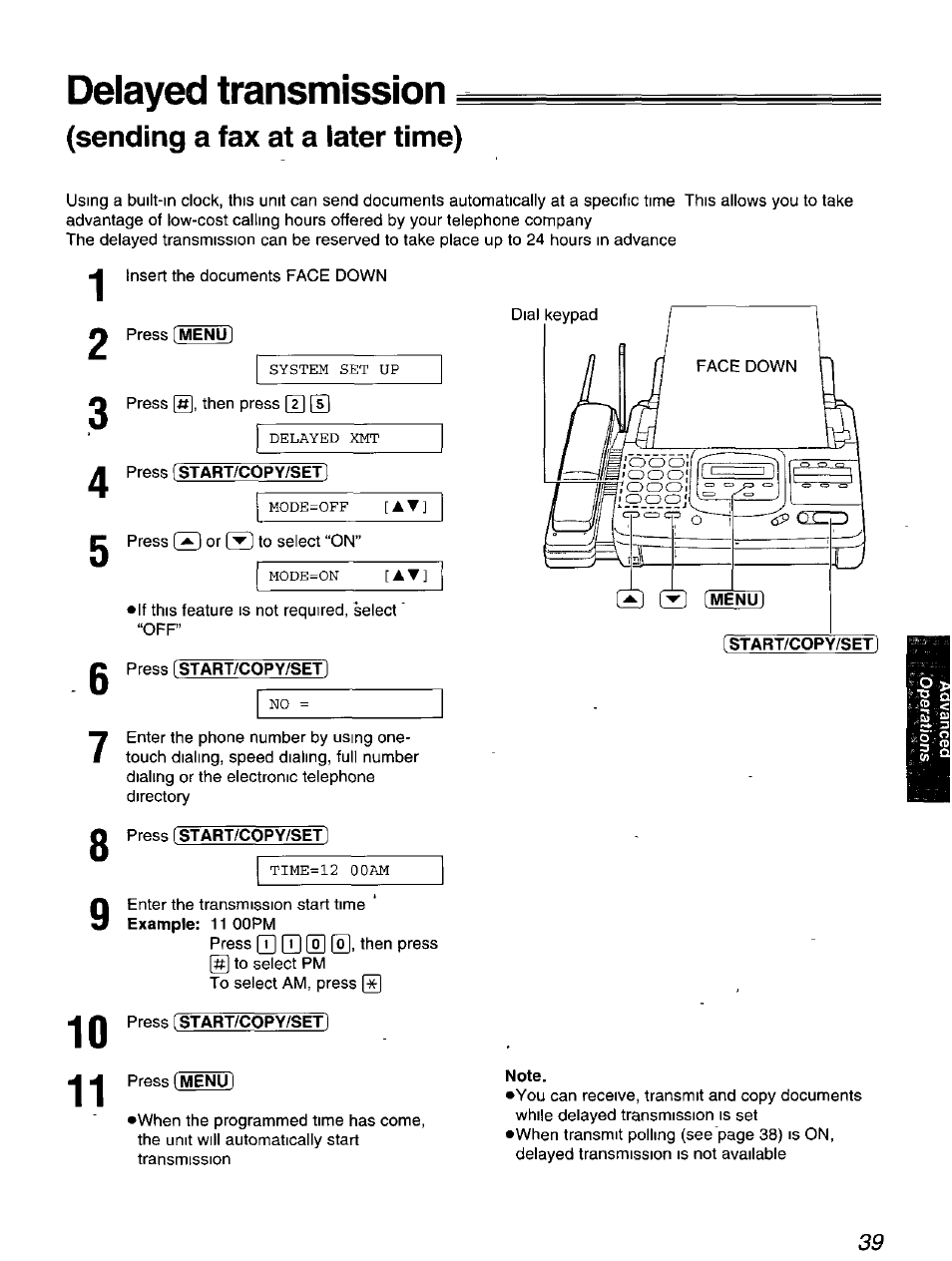 Delayed transmission, Sending a fax at a later time), Press fstart/copy/set | Press [start/copy/set, Press [start/copy/set), Note | Panasonic KX-F900 User Manual | Page 39 / 72