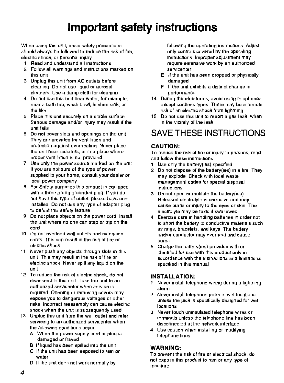 Important safety instructions, Save these instructions | Panasonic KX-F900 User Manual | Page 4 / 72