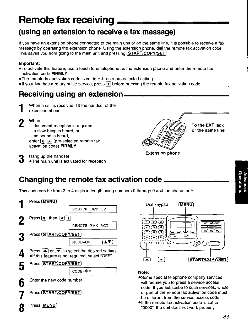 Remote fax receiving, Using an extension to receive a fax message), Important | Receiving using an extension, Changing the remote fax activation code, Press fstart/copy/set, Press (start/copy/set), Press [start/copy/set, Press (menu), Note | Panasonic KX-F900 User Manual | Page 41 / 72