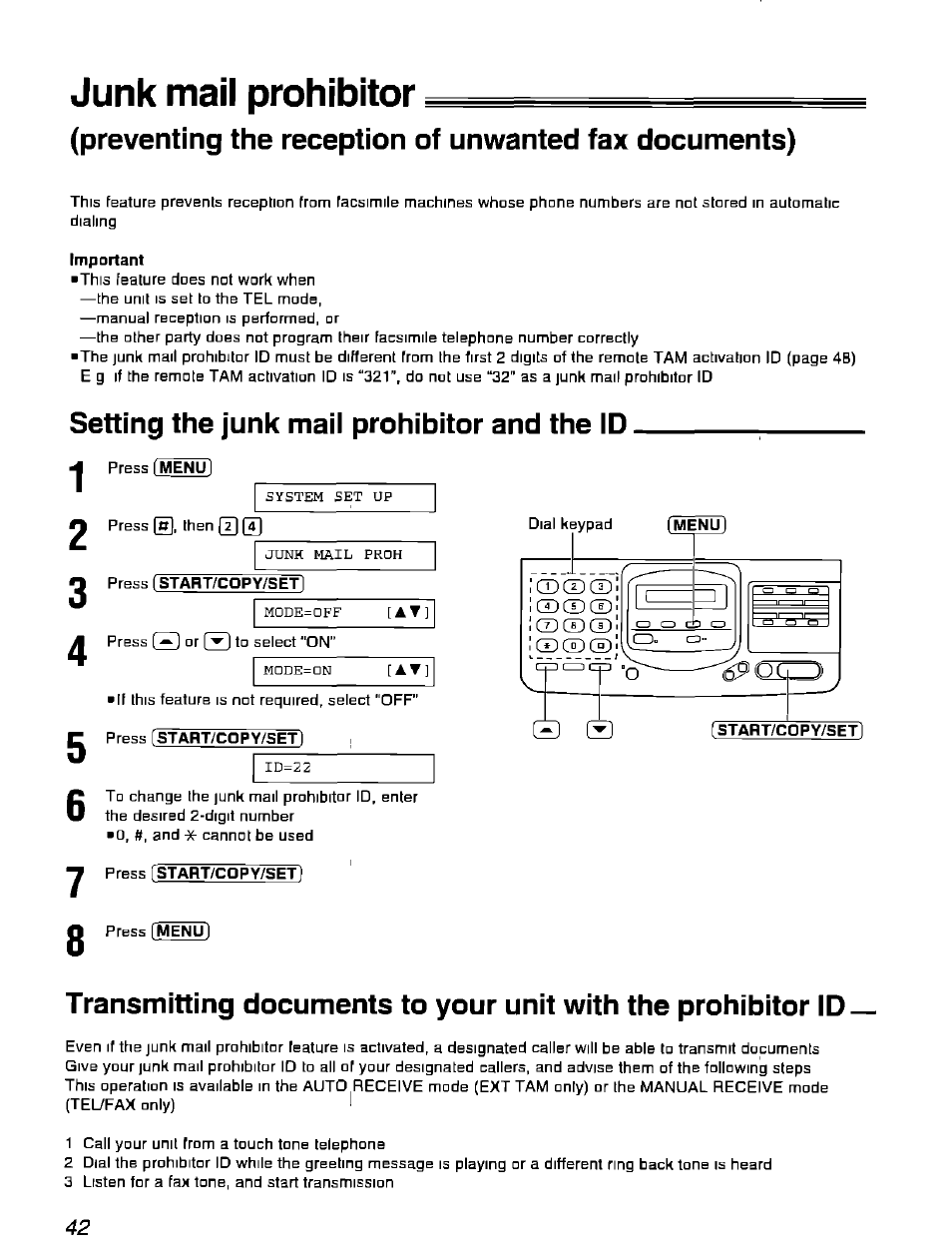 Junk mail prohibitor, Important, Setting the junk mail prohibitor and the id | Press [staht/copy/set, Press fstart/copy/set) | Panasonic KX-F900 User Manual | Page 42 / 72